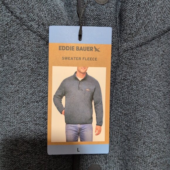 NWT Eddie Bauer Blue Fleece Snap Pullover Jacket Men’s Large Kangaroo Pocket - Picture 3 of 4